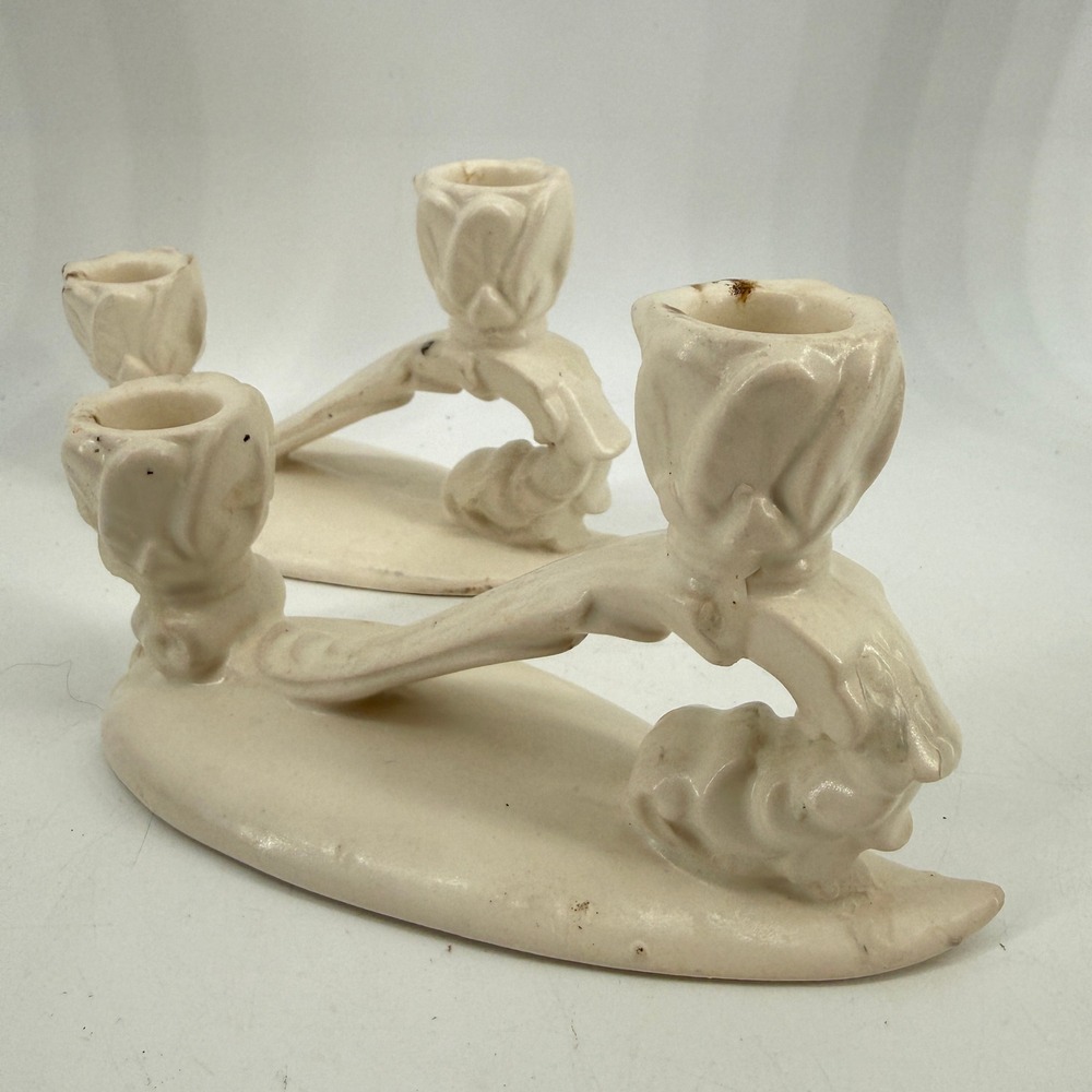 Haeger Ceramic Candle‎ Holder Set Cream Tulip Floral Double Taper Design